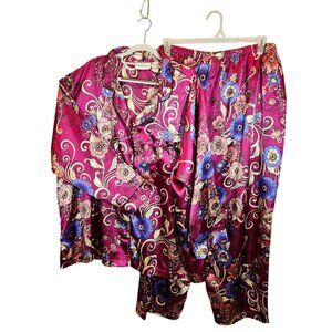 Amoureuse 2-Piece Satin Pajama Set 3X Floral Button Shirt Elastic Waist Pants